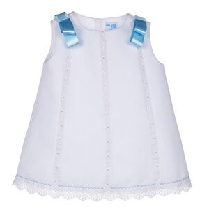LOVELY WHITE DRESS W/LACE & BLUE RIBBON pique Luli & Me 4T NWT
